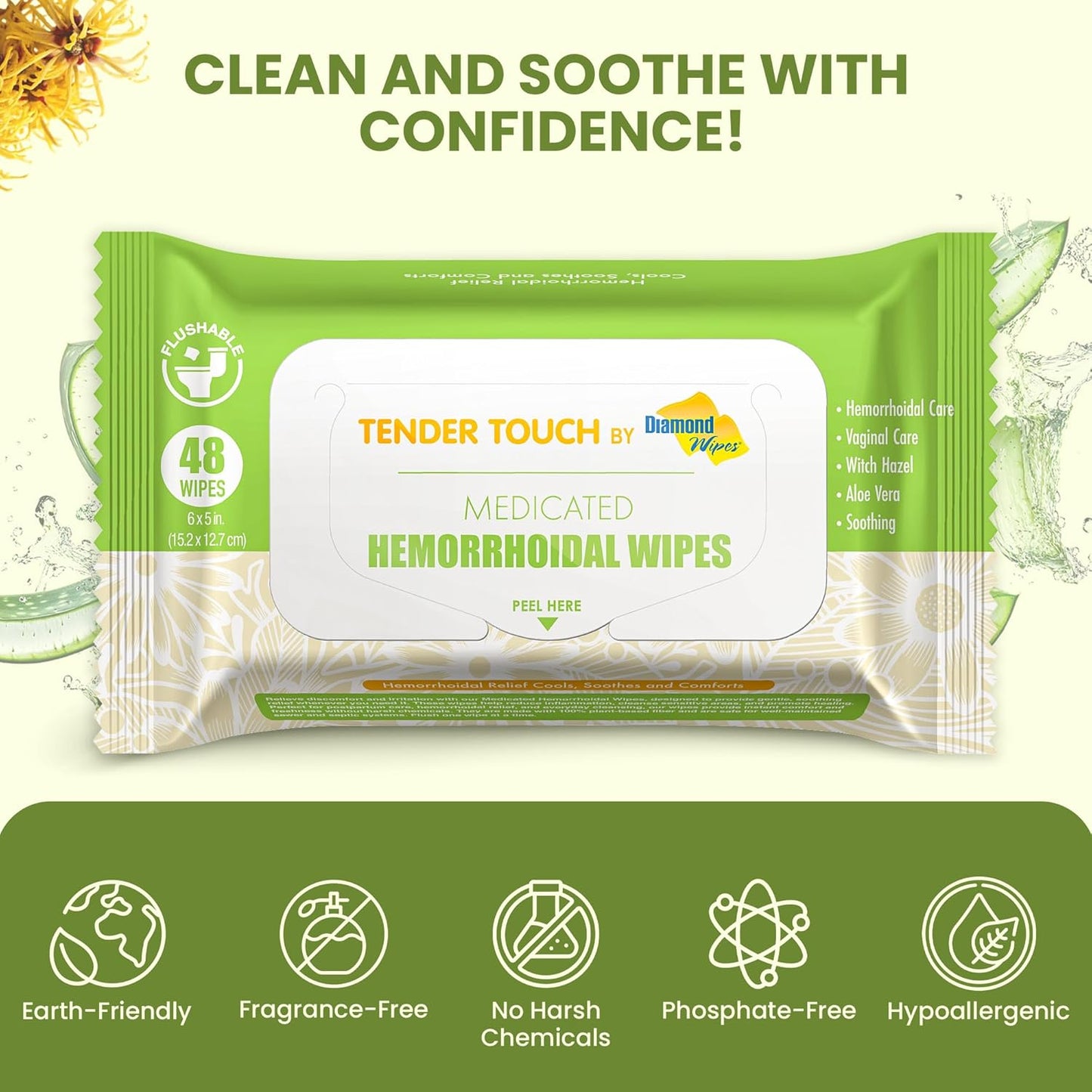 Tender Touch with Witch Hazel and Aloe, Flushable Medicated Wipes