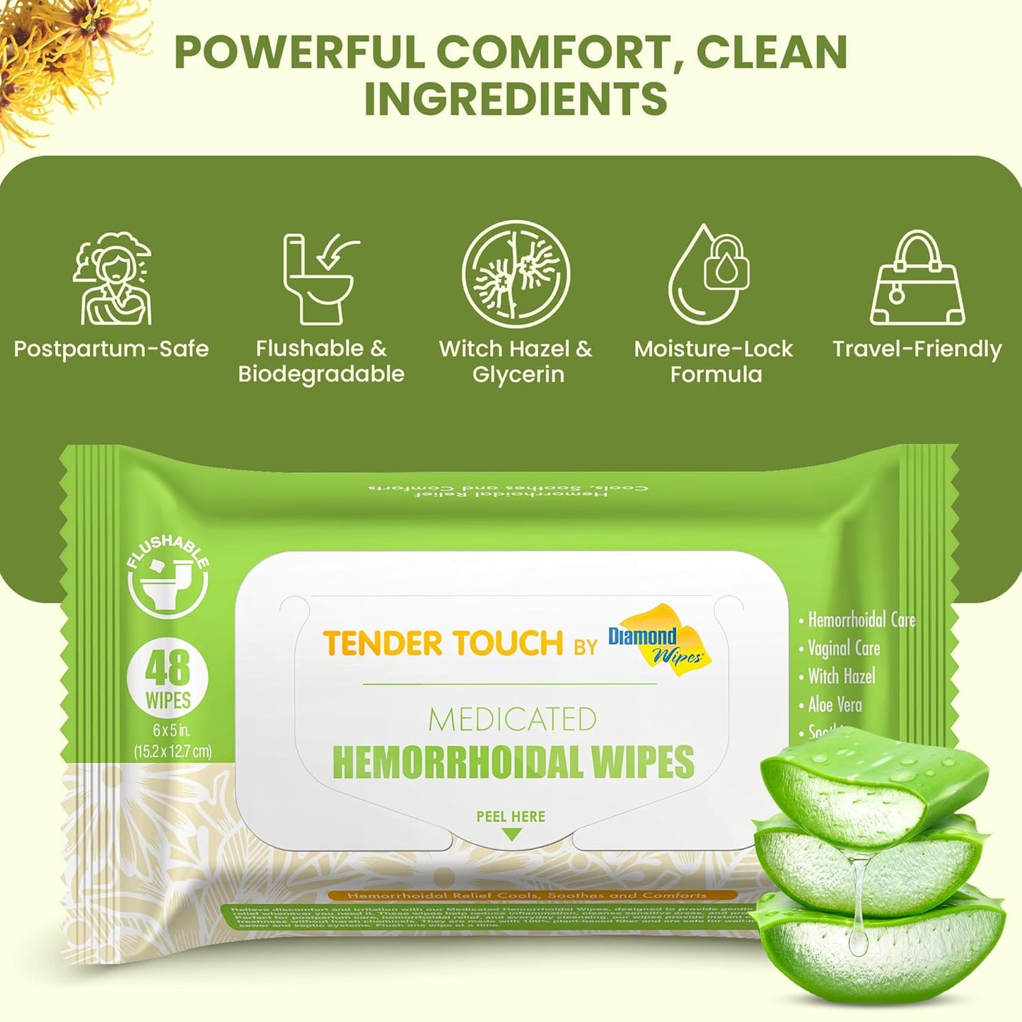 Tender Touch with Witch Hazel and Aloe, Flushable Medicated Wipes