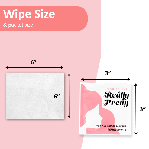 Comparison of wipe size and packet size with dimensions labeled on a pink background
