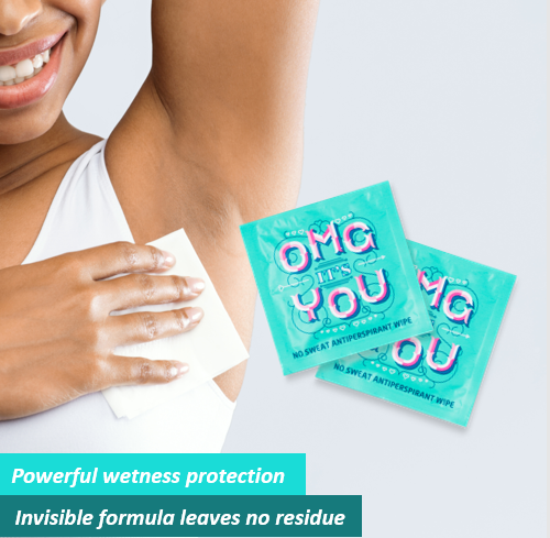 Two antiperspirant wipes with 'OMG I LOVE YOU' text on a white background, next to a person applying a product to their armpit.