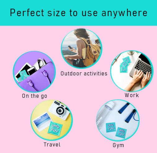 Product usage scenarios including on the go, outdoor activities, work, travel, and gym on a pink background.