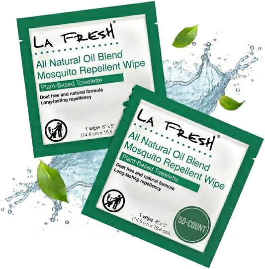 LA Fresh All Natural DEET-Free Mosquito Repellent Wipes individually wrapped packet on white background 