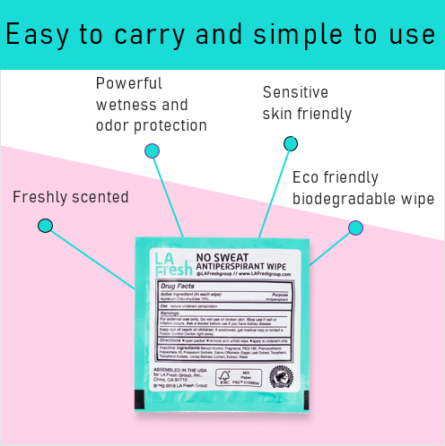 LA Fresh no sweat antiperspirant wipe packaging with features listed on a pink and teal background