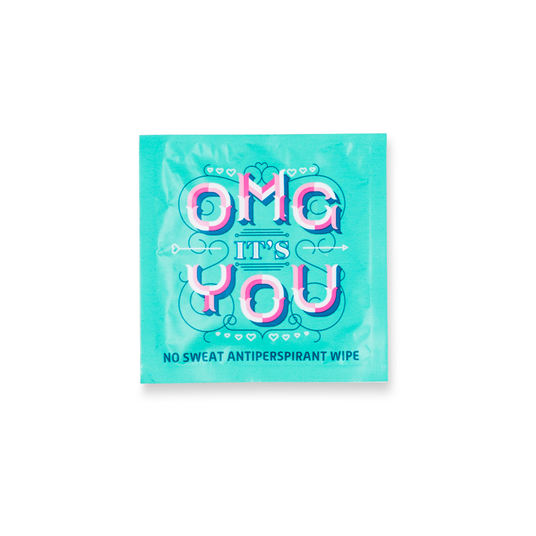 No sweat antiperspirant wipe packaging with 'OMG It's You' text on a white background