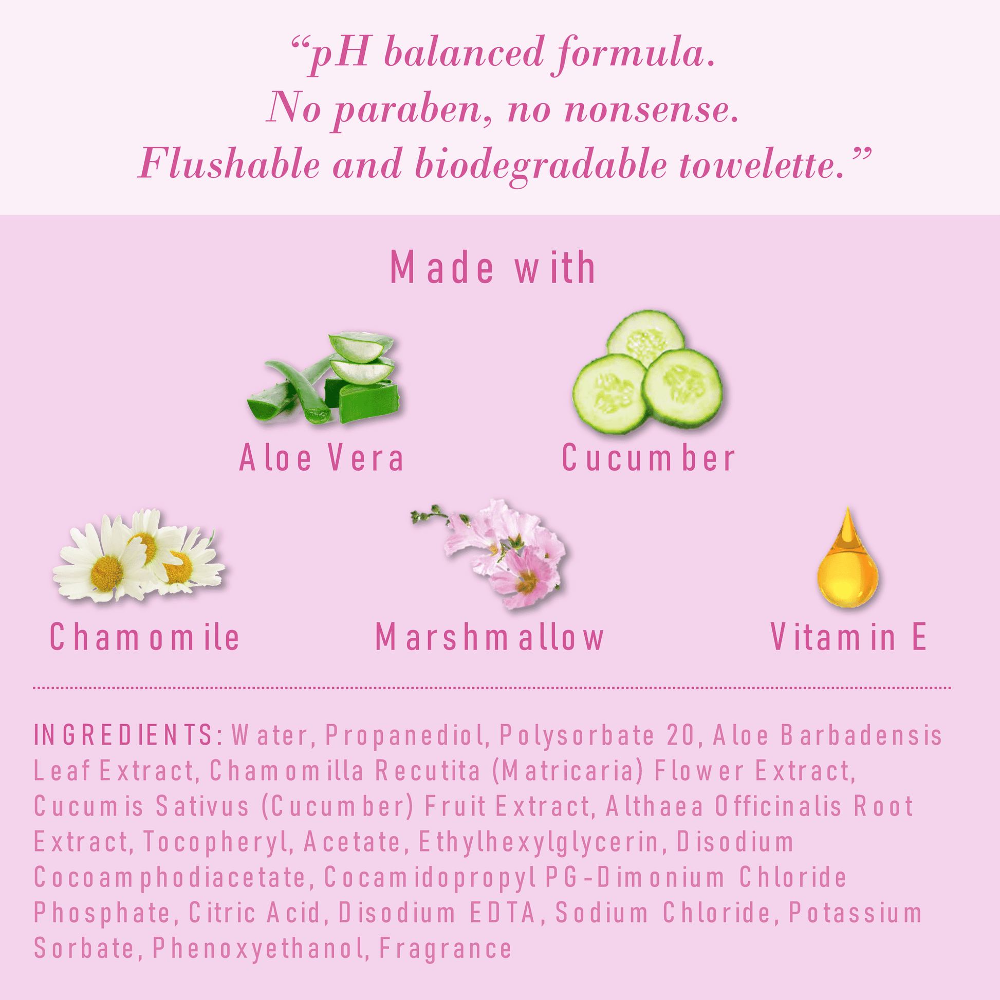 Product label with ingredients and benefits on a pink background