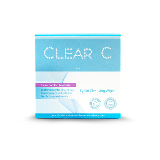 Box of Clear C eyelid cleansing wipes on a white background