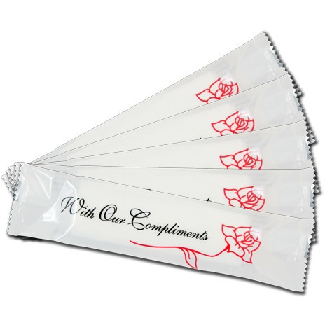 Set of white cards with red rose designs and 'With Our Compliments' text on a white background
