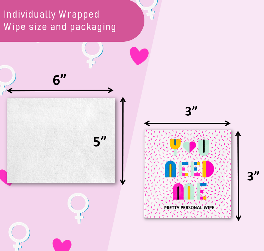 Measurement chart of individually wrapped wipes on a pink background with text and graphics.