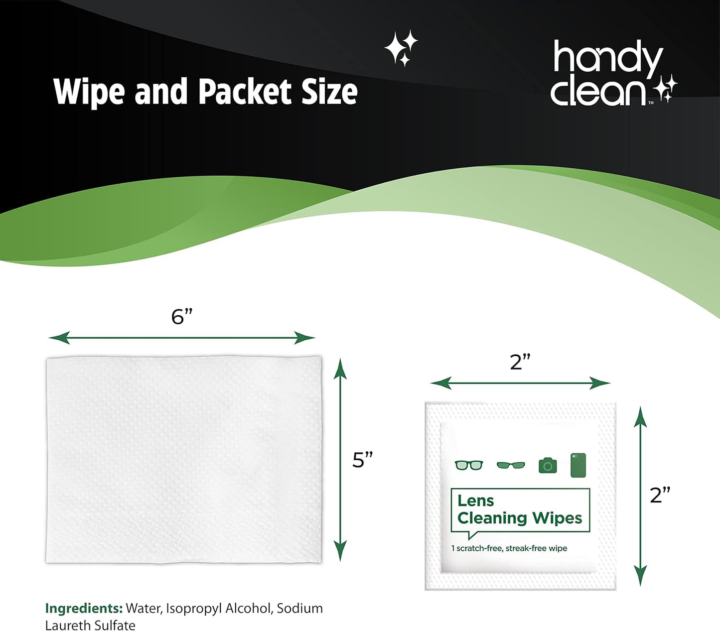 A box of Lens Cleaning Wipes by Handyclean, indicating 200 wipes per box, suitable for various lenses and optics.