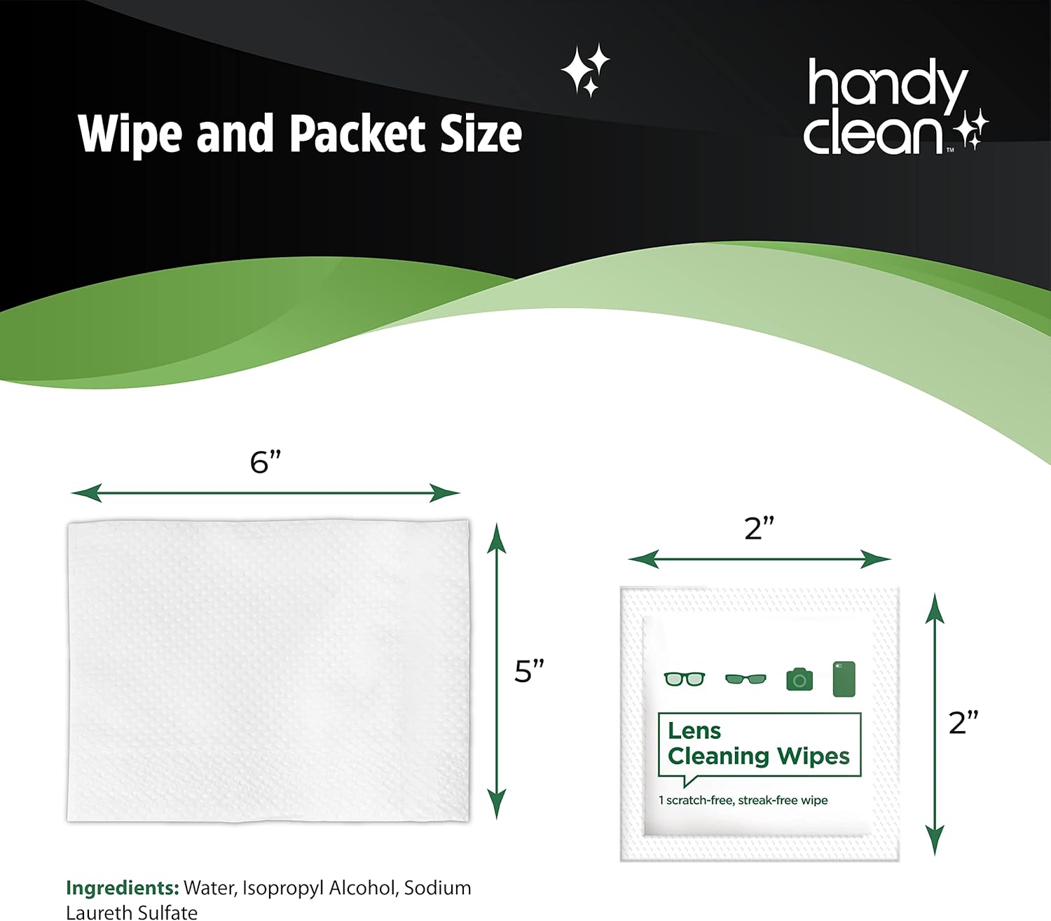 A box of Lens Cleaning Wipes by Handyclean, indicating 200 wipes per box, suitable for various lenses and optics.