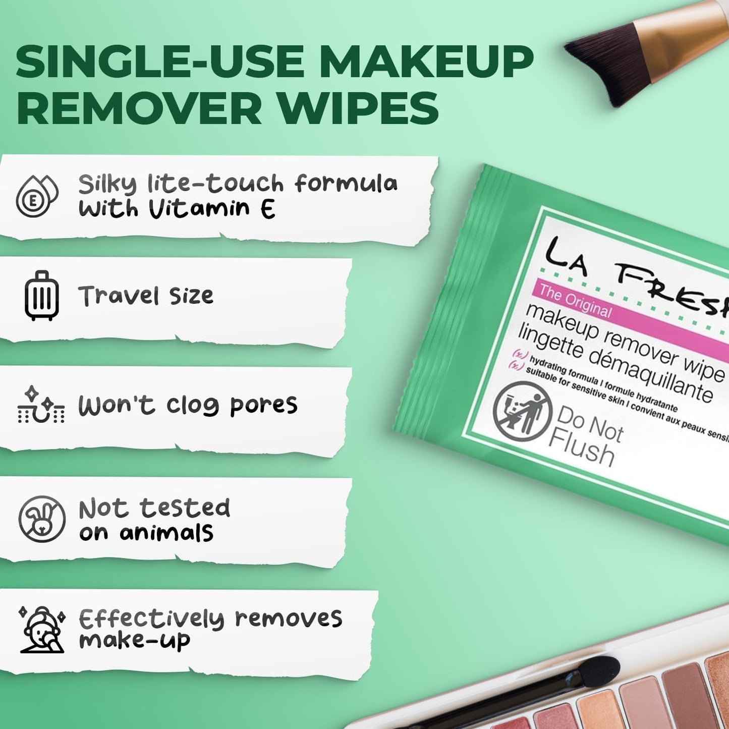 LA Fresh individually wrapped makeup remover wipes
Single use portable makeup remover wipes to put in your travel bag and purse.
Soft lint free makeup remover wipe dissolving waterproof mascara and lip products
TSA Approved makeup remover wipes ready to pack in your suitcase to travel with
Alchohol free makeup remover wipes with Vitamin E for sensitive skin
Bulk case packs of LA Fresh makeup remover wipes available in 50, 200, 600, and 1200 counts. 
Size comparison of pocket sized LA Fresh makeup remover pa