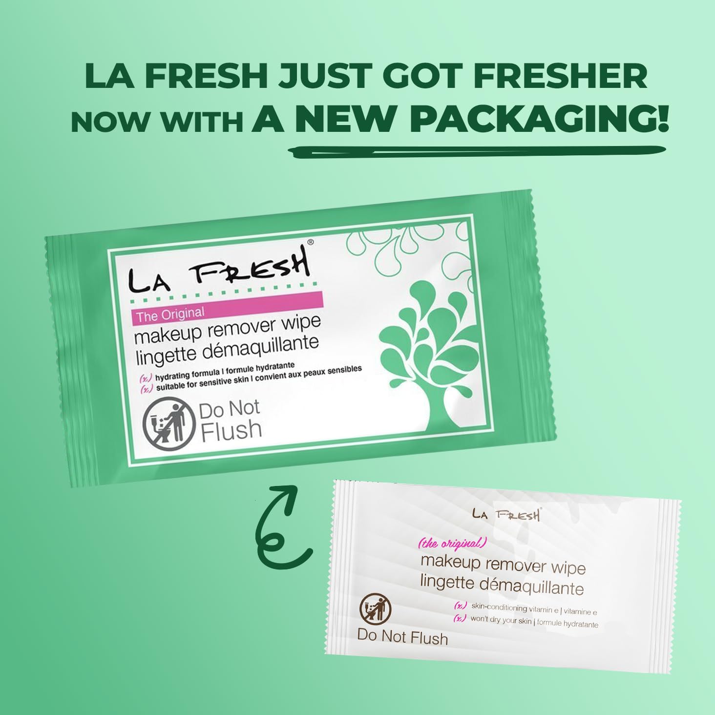 LA Fresh individually wrapped makeup remover wipes
Single use portable makeup remover wipes to put in your travel bag and purse.
Soft lint free makeup remover wipe dissolving waterproof mascara and lip products
TSA Approved makeup remover wipes ready to pack in your suitcase to travel with
Alchohol free makeup remover wipes with Vitamin E for sensitive skin
Bulk case packs of LA Fresh makeup remover wipes available in 50, 200, 600, and 1200 counts. 
Size comparison of pocket sized LA Fresh makeup remover pa