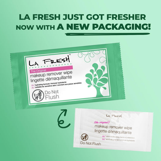 LA Fresh individually wrapped makeup remover wipes
Single use portable makeup remover wipes to put in your travel bag and purse.
Soft lint free makeup remover wipe dissolving waterproof mascara and lip products
TSA Approved makeup remover wipes ready to pack in your suitcase to travel with
Alchohol free makeup remover wipes with Vitamin E for sensitive skin
Bulk case packs of LA Fresh makeup remover wipes available in 50, 200, 600, and 1200 counts. 
Size comparison of pocket sized LA Fresh makeup remover pa