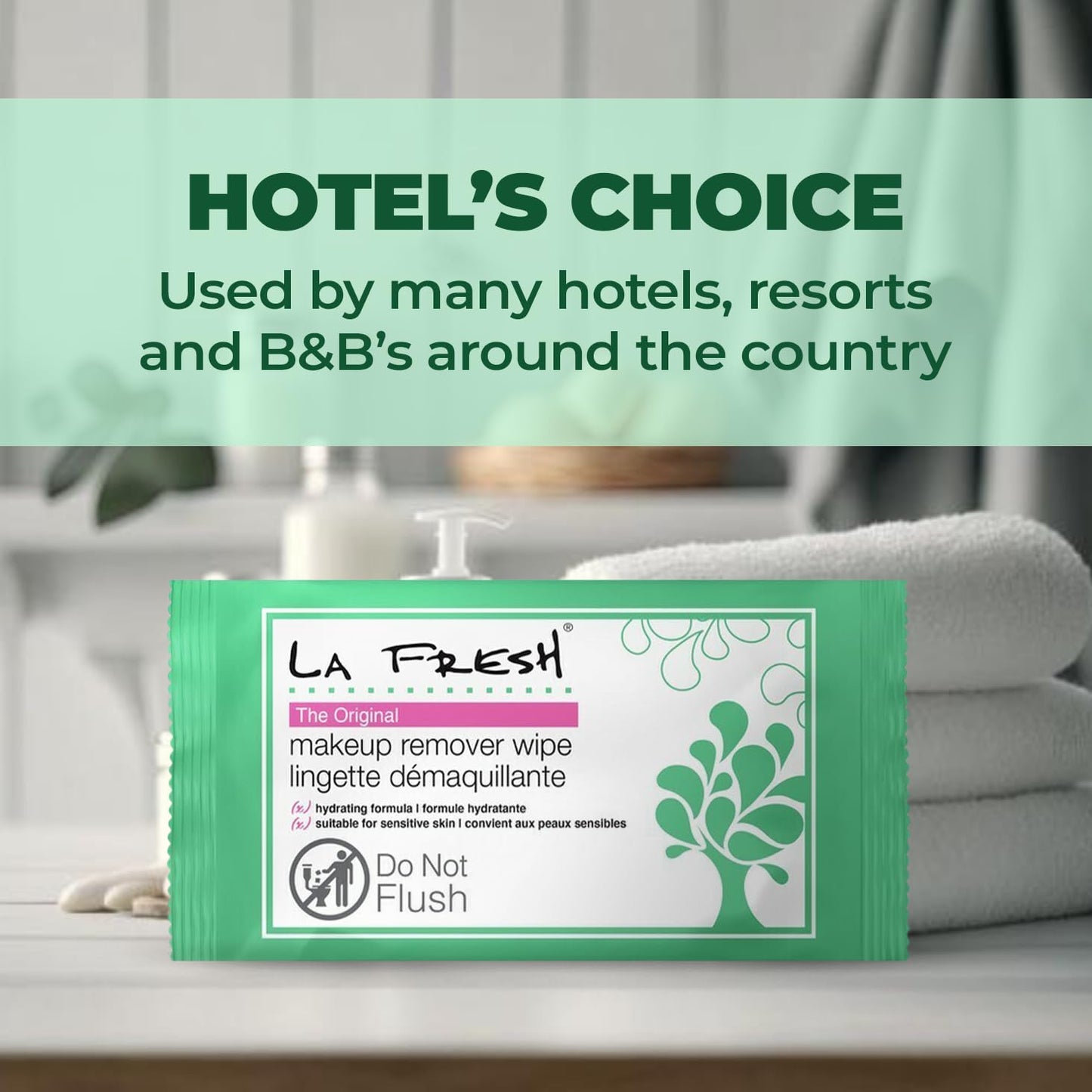 LA Fresh individually wrapped makeup remover wipes
Single use portable makeup remover wipes to put in your travel bag and purse.
Soft lint free makeup remover wipe dissolving waterproof mascara and lip products
TSA Approved makeup remover wipes ready to pack in your suitcase to travel with
Alchohol free makeup remover wipes with Vitamin E for sensitive skin
Bulk case packs of LA Fresh makeup remover wipes available in 50, 200, 600, and 1200 counts. 
Size comparison of pocket sized LA Fresh makeup remover pa