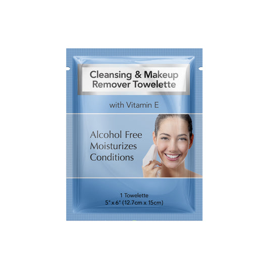 Cleansing and makeup remover towelette packaging with a woman's face on a white background