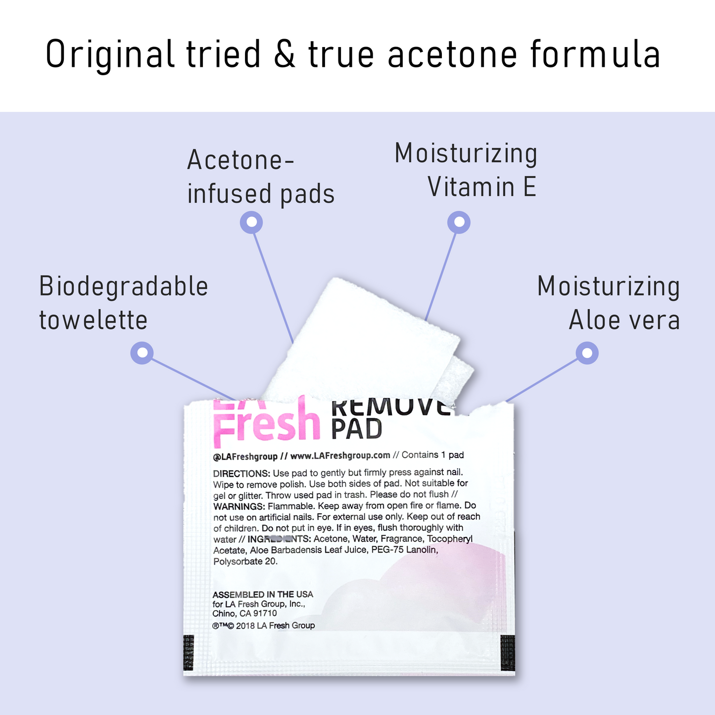 LA Fresh nail remover pads open box showing individually wrapped packets with lavender scent 