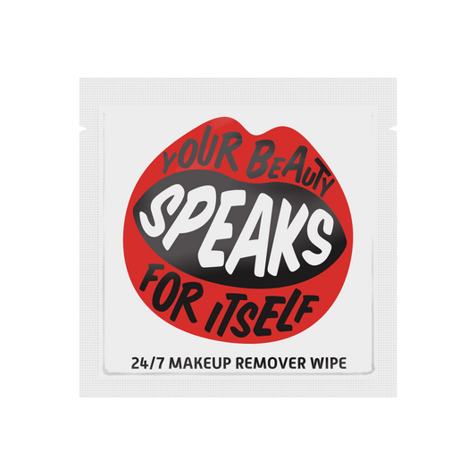 A makeup remover wipe that takes off waterproof makeup and says "you're beauty speaks for itself"