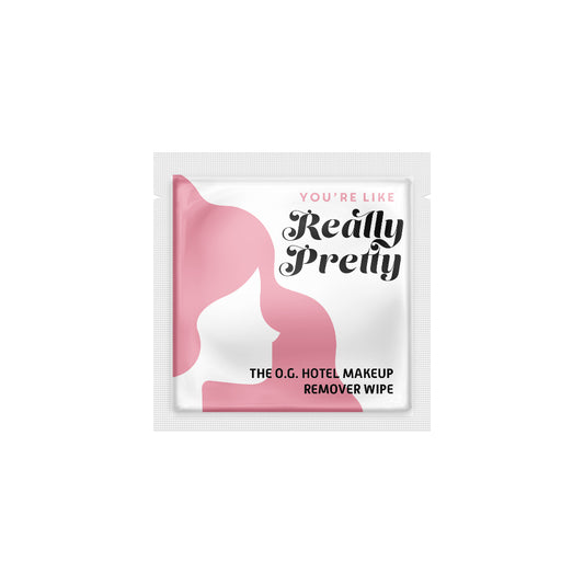 Makeup remover wipe packaging with pink applicator and text on a white background