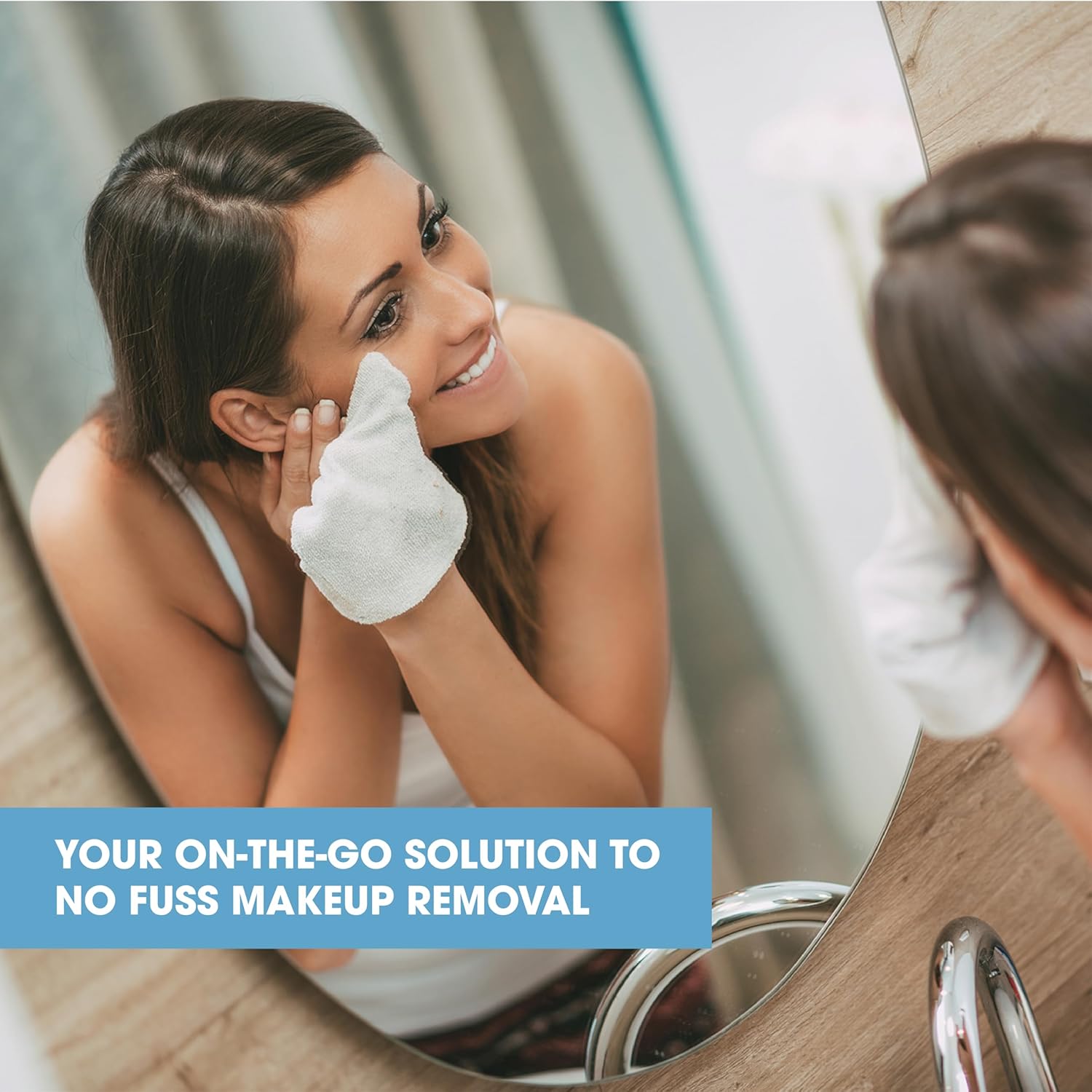 Cleansing and makeup remover towelette packaging with a woman's face on a white background