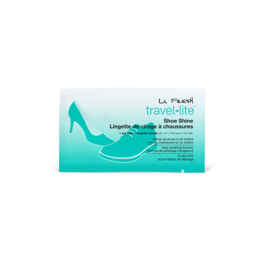 Packaging of La Fresh Shoe Shine Wet Wipes with a graphic of a shoe and the text 'travel-lite' on a teal background.