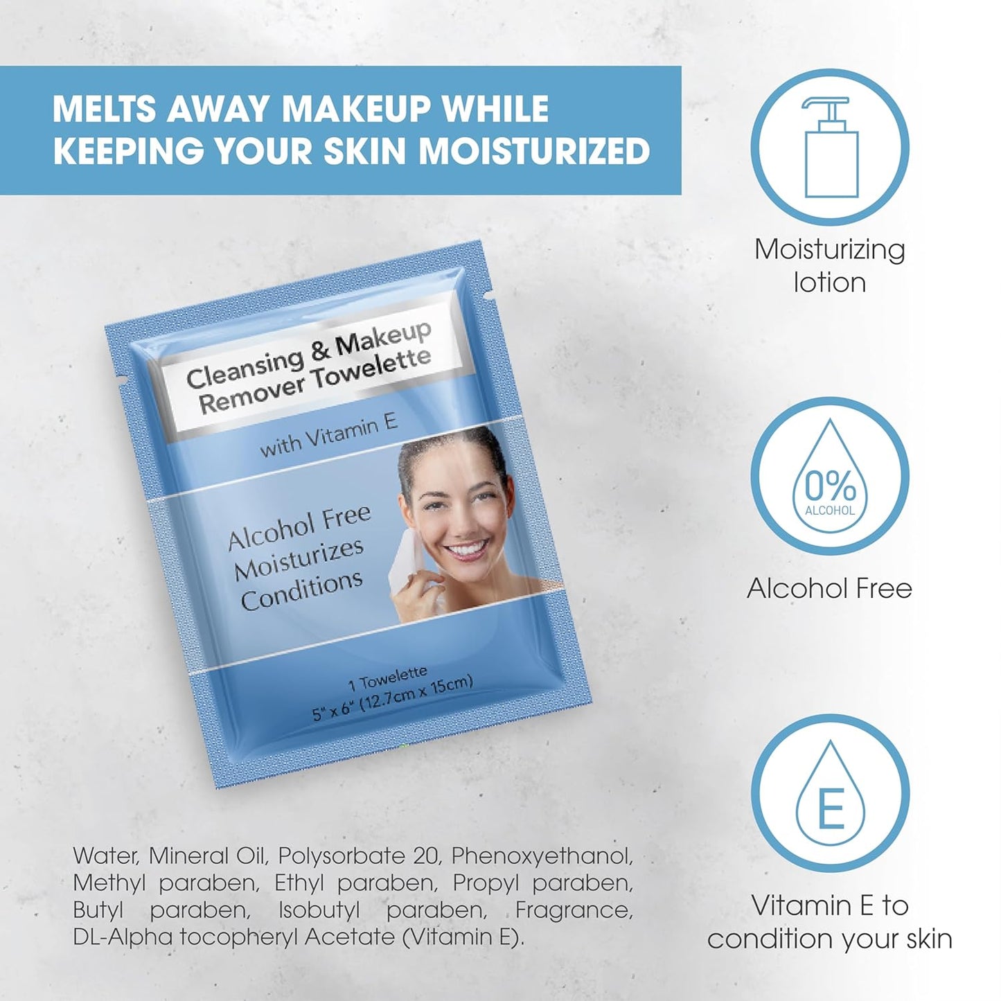 Cleansing and makeup remover towelette packaging with a woman's face on a white background