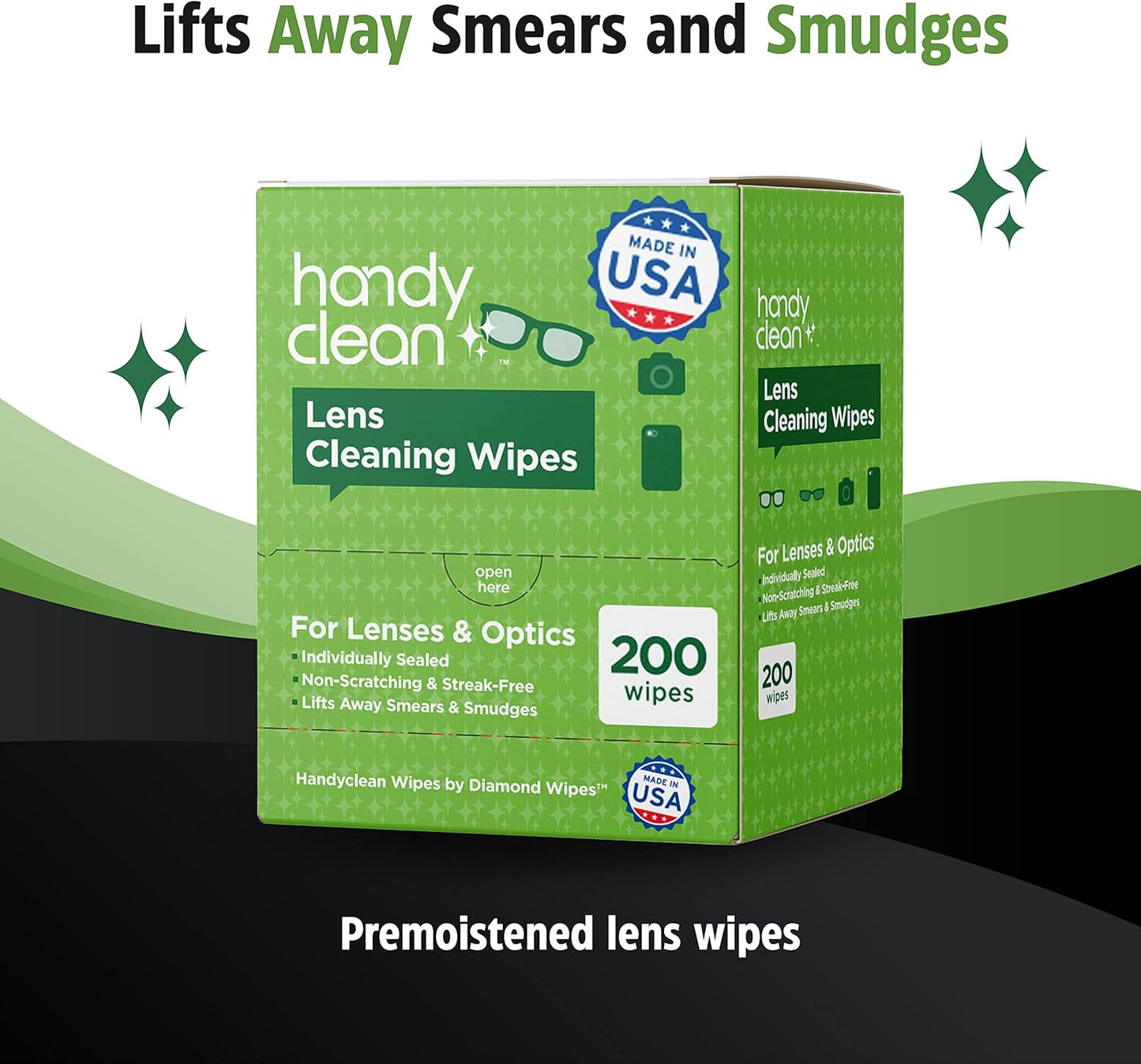 A box of Lens Cleaning Wipes by Handyclean, indicating 200 wipes per box, suitable for various lenses and optics.