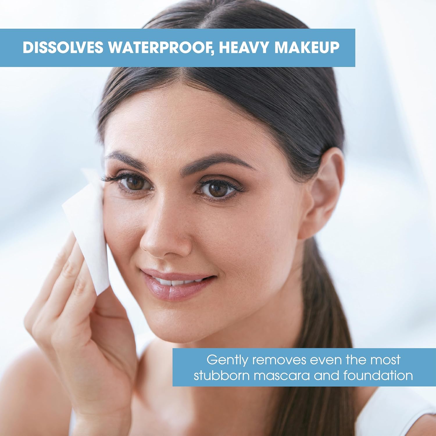 Cleansing and makeup remover towelette packaging with a woman's face on a white background