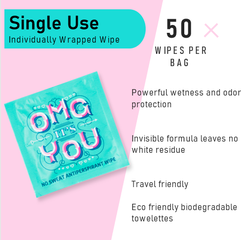 No sweat antiperspirant wipe packaging with 'OMG It's You' text on a white background